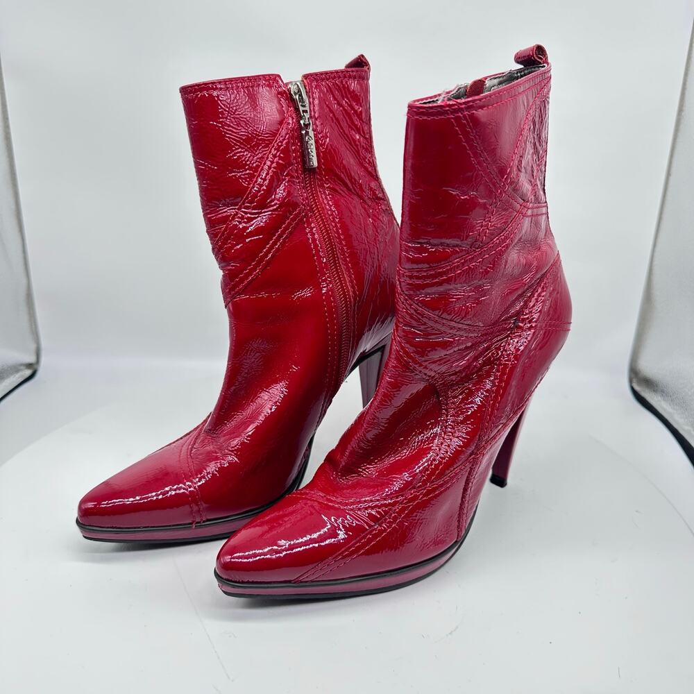 Carlos by Carlos Santana Red Wrinkled Leather Midi Stiletto Heel Boot Womens 7.5